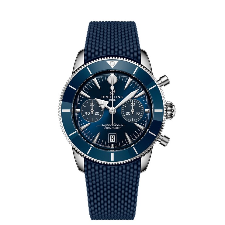 Breitling horloge met een kast in keramiek op staal, met een wijzerplaat in het blauw en een diameter van 42 mm