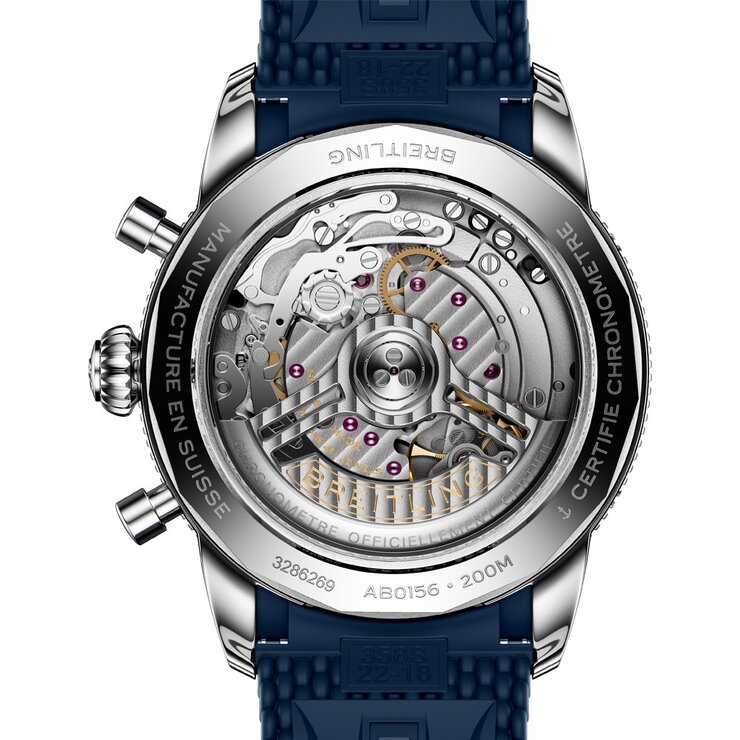 Breitling horloge met een kast in keramiek op staal, met een wijzerplaat in het blauw en een diameter van 42 mm