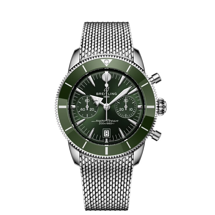 Breitling horloge met een kast in keramiek op staal, met een wijzerplaat in het groen en een diameter van 42 mm