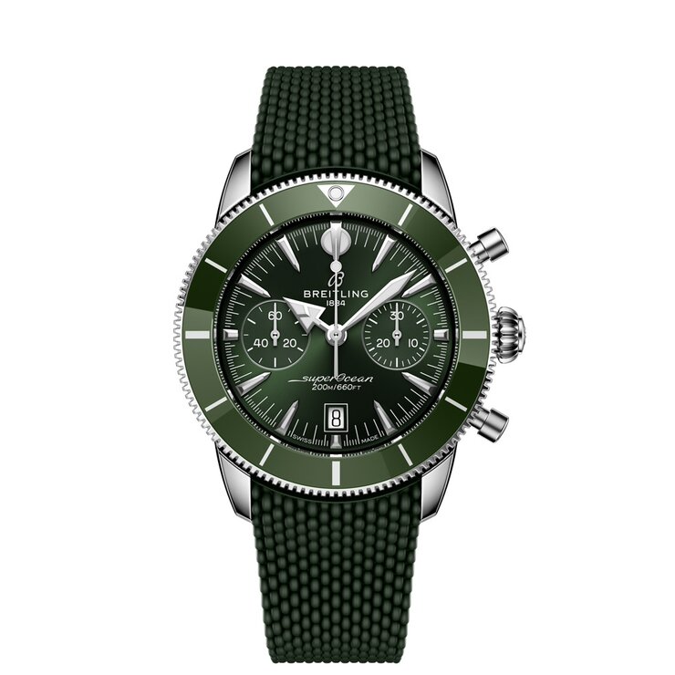 Breitling horloge met een kast in keramiek op staal, met een wijzerplaat in het groen en een diameter van 42 mm