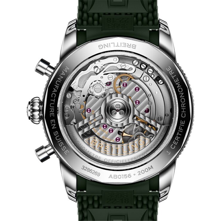 Breitling horloge met een kast in keramiek op staal, met een wijzerplaat in het groen en een diameter van 42