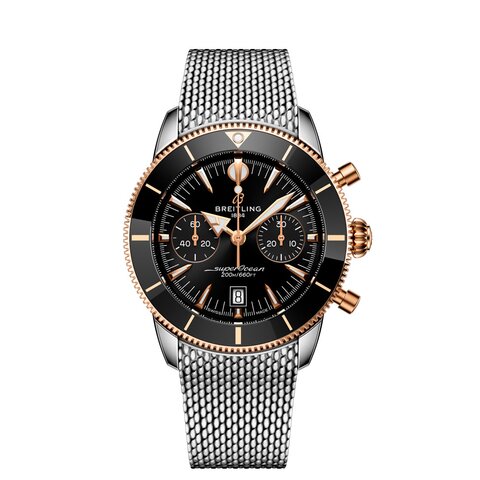 montre Breitling avec un boîtier en or rose sur acier, un cadran noir et un diamètre de 42