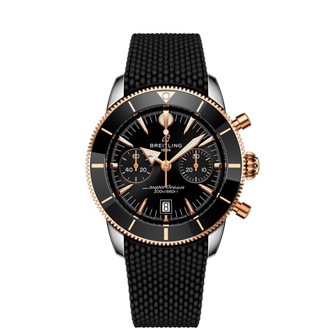 montre Breitling avec un boîtier en or rose sur acier, un cadran noir et un diamètre de 42