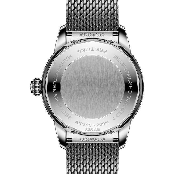 Breitling horloge met een kast in keramiek op staal, met een wijzerplaat in het blauw en een diameter van 36 mm