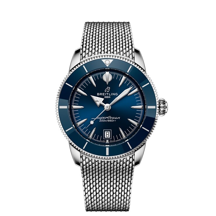 Breitling horloge met een kast in keramiek op staal, met een wijzerplaat in het blauw en een diameter van 42 mm