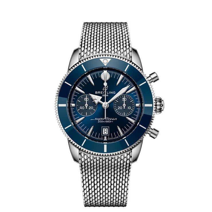 Breitling horloge met een kast in keramiek op staal, met een wijzerplaat in het blauw en een diameter van 42 mm