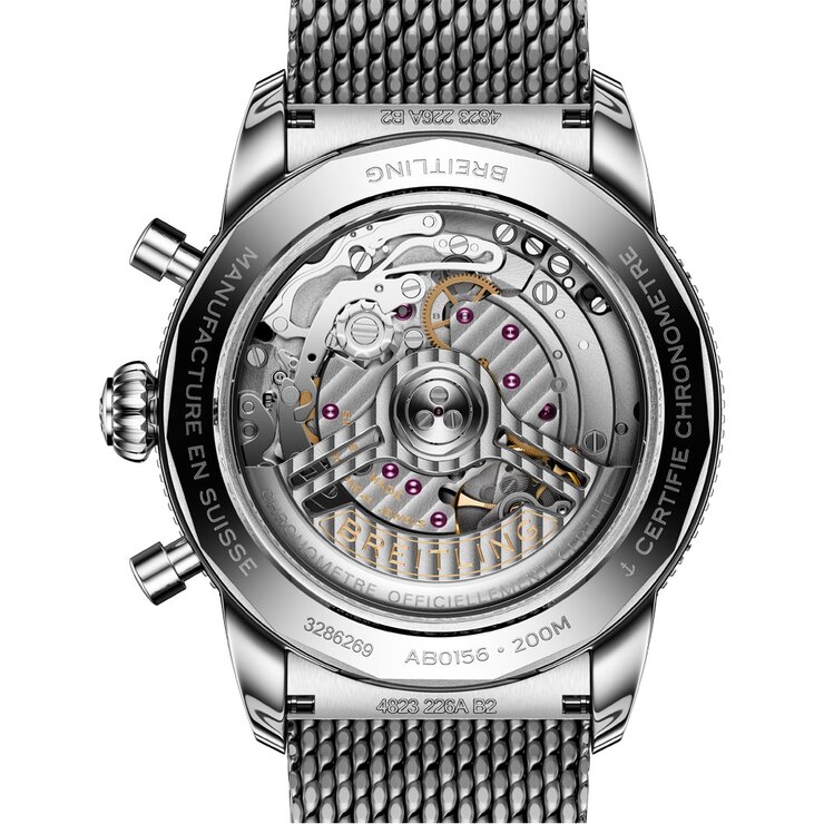 Breitling horloge met een kast in keramiek op staal, met een wijzerplaat in het blauw en een diameter van 42 mm