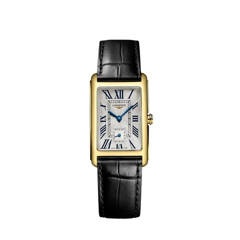 montre Longines avec un boîtier en or jaune et un cadran argent
