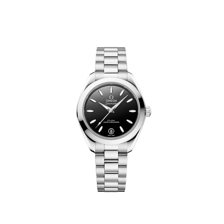 Omega horloge met een kast in staal, met een wijzerplaat in het zwart en een diameter van 30