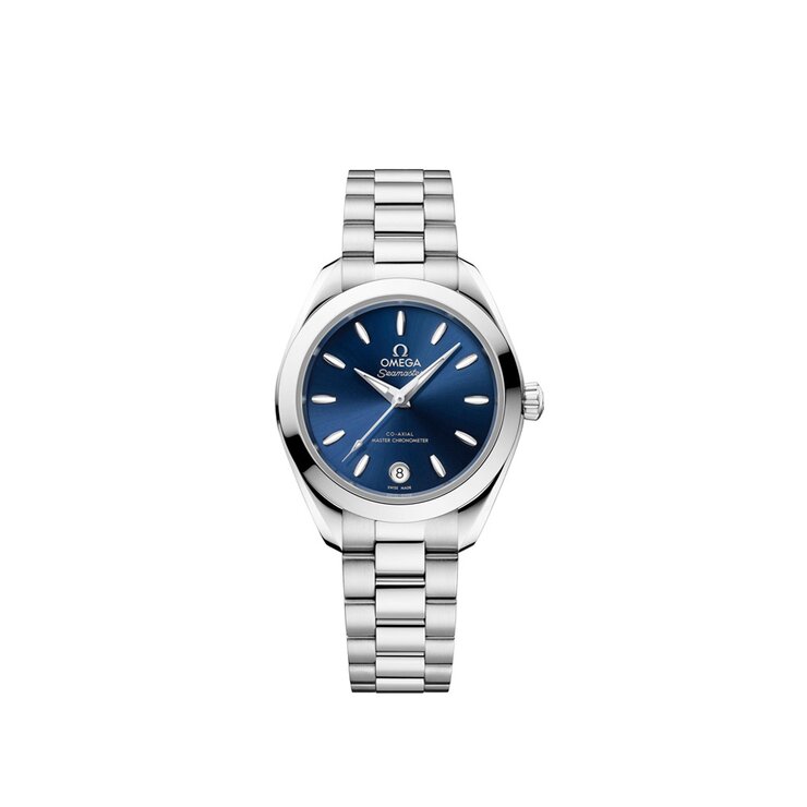 Omega horloge met een kast in staal, met een wijzerplaat in het blauw en een diameter van 30