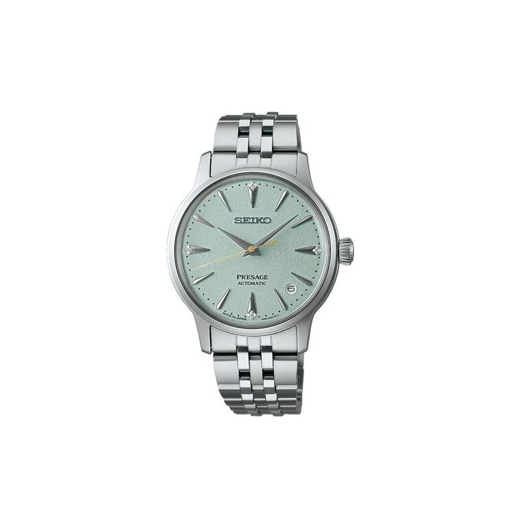 Seiko horloge met een kast in staal, met een wijzerplaat in het groen met briljant en een diameter van 34 mm