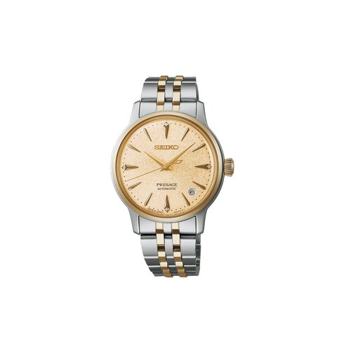 Seiko horloge met een kast in gele pvd-coating op staal, met een wijzerplaat in het geel met briljant en een diameter van 34 mm