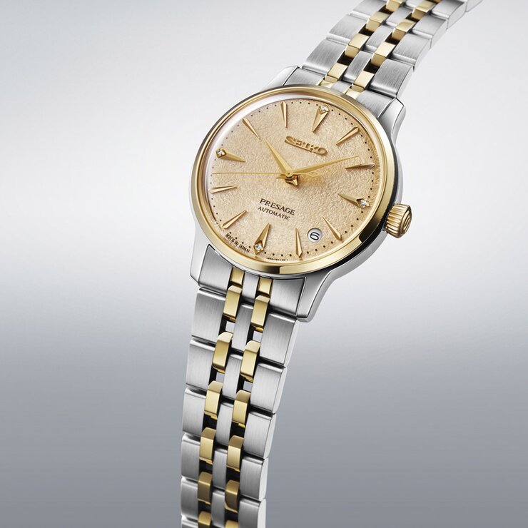 Seiko horloge met een kast in gele pvd-coating op staal, met een wijzerplaat in het geel met briljant en een diameter van 34
