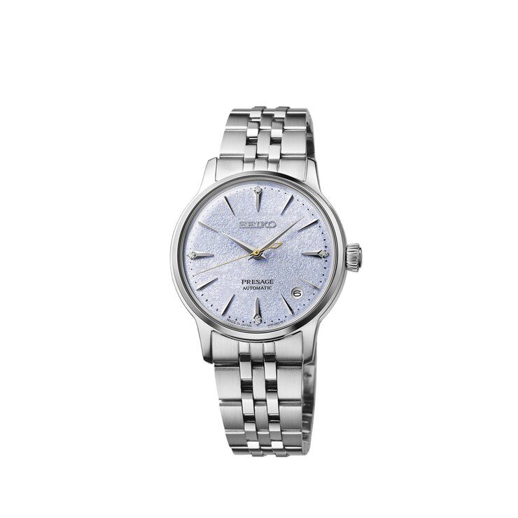 Seiko horloge met een kast in staal, met een wijzerplaat in het blauw met briljant en een diameter van 34