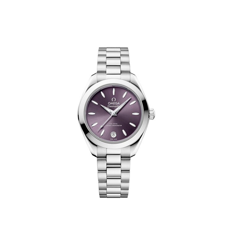 Omega horloge met een kast in staal, met een wijzerplaat in het paars en een diameter van 30 mm