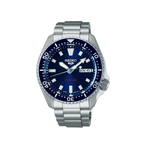 Seiko horloge met een kast in staal, met een wijzerplaat in het blauw en een diameter van 42,5