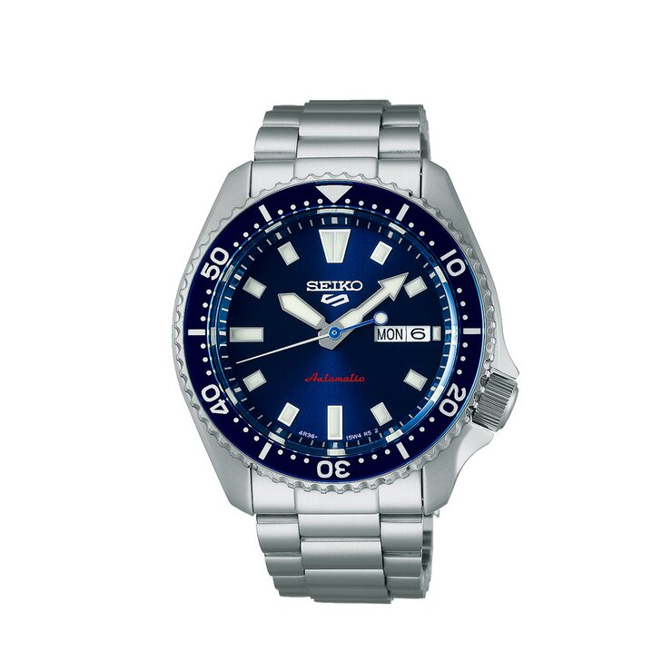 Seiko horloge met een kast in staal, met een wijzerplaat in het blauw en een diameter van 42,5