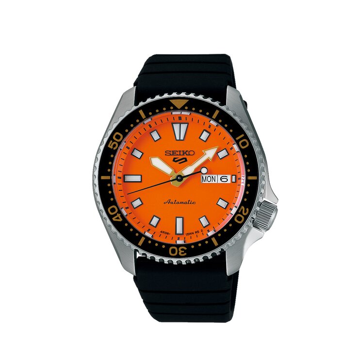 Seiko horloge met een kast in staal, met een wijzerplaat in het oranje en een diameter van 42,5