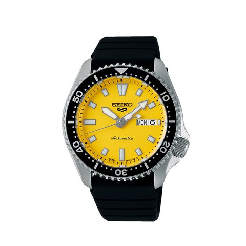 montre Seiko avec un boîtier en acier, un cadran jaune et un diamètre de 42,5