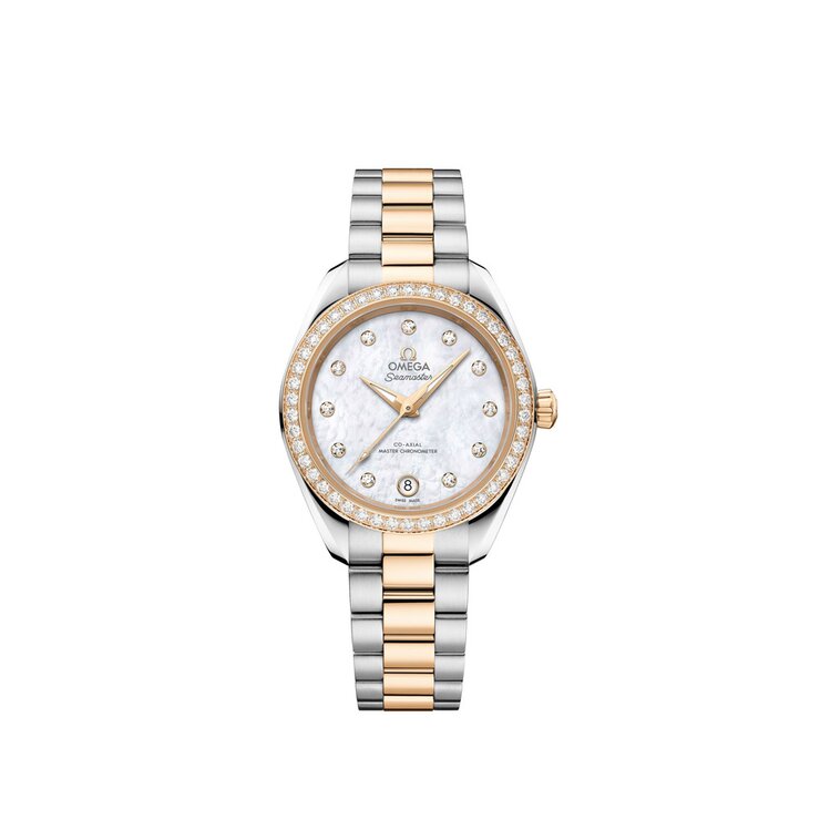 Omega horloge met een kast in geel goud op staal, met een wijzerplaat in het parelmoer met  briljant en een diameter van 30 mm