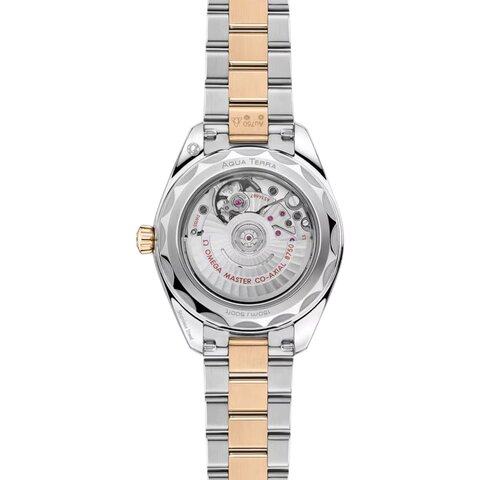 Omega horloge met een kast in geel goud op staal, met een wijzerplaat in het parelmoer met  briljant en een diameter van 30 mm