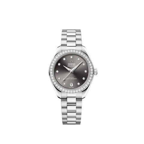 Omega horloge met een kast in staal, met een wijzerplaat in het grijs met briljant en een diameter van 30 mm