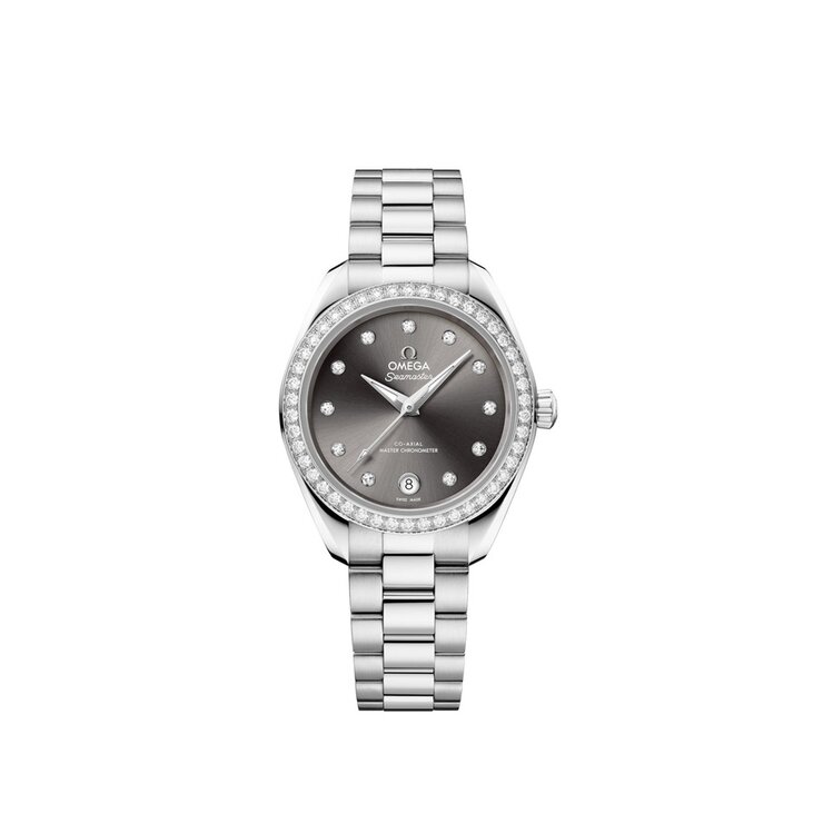Omega horloge met een kast in staal, met een wijzerplaat in het grijs met briljant en een diameter van 30