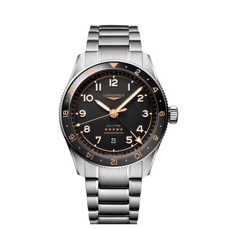 Longines horloge met een kast in keramiek op staal, met een wijzerplaat in het zwart en een diameter van 42