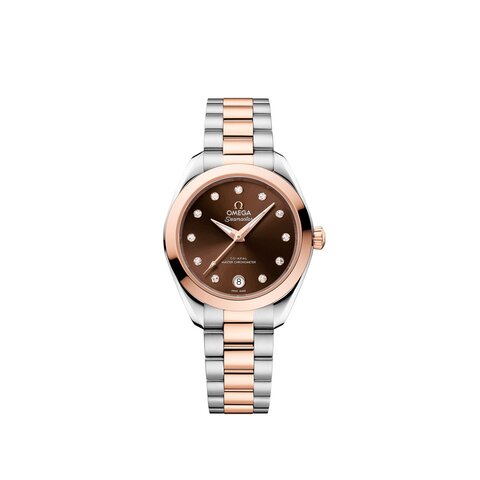 Omega horloge met een kast in rosé goud op staal, met een wijzerplaat in het bruin met briljant en een diameter van 30