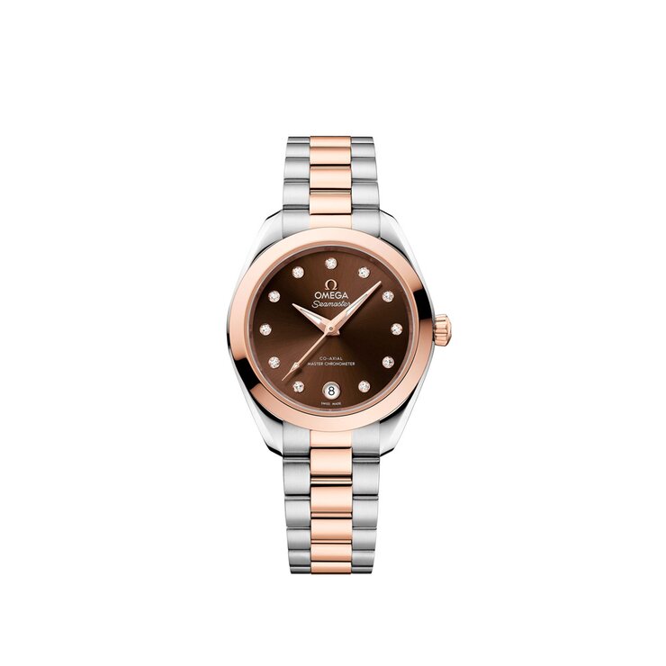 Omega horloge met een kast in rosé goud op staal, met een wijzerplaat in het bruin met briljant en een diameter van 30