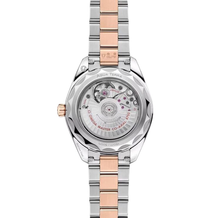 Omega horloge met een kast in rosé goud op staal, met een wijzerplaat in het bruin met briljant en een diameter van 30