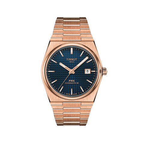 Tissot horloge met een kast in rosé pvd-coating, met een wijzerplaat in het blauw en een diameter van 40