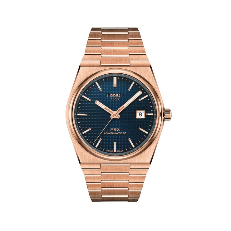 Tissot horloge met een kast in rosé pvd-coating, met een wijzerplaat in het blauw en een diameter van 40 mm