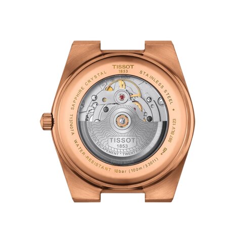 Tissot horloge met een kast in rosé pvd-coating, met een wijzerplaat in het blauw en een diameter van 40 mm