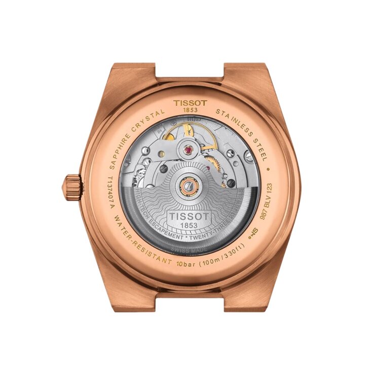 Tissot horloge met een kast in rosé pvd-coating, met een wijzerplaat in het blauw en een diameter van 40 mm