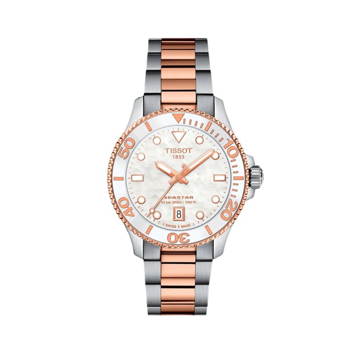 Tissot horloge met een kast in rosé pvd-coating op staal, met een wijzerplaat in het parelmoer en een diameter van 36