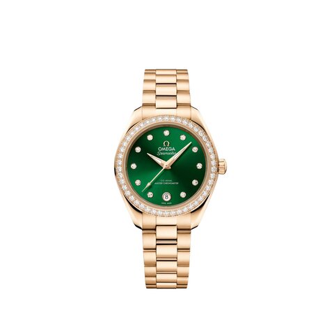 Omega horloge met een kast in geel goud, met een wijzerplaat in het groen met briljant en een diameter van 30