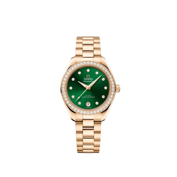 Omega horloge met een kast in geel goud, met een wijzerplaat in het groen met briljant en een diameter van 30