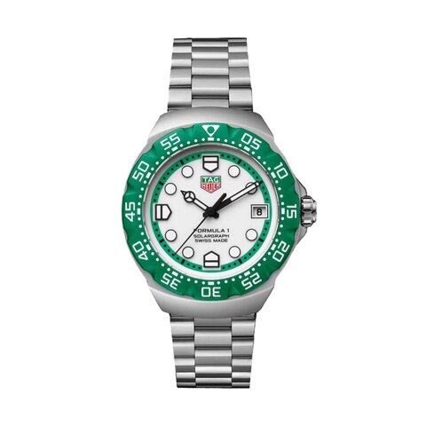 TAG Heuer horloge met een kast in polylight op staal, met een wijzerplaat in het wit en een diameter van 38