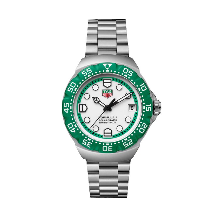 TAG Heuer horloge met een kast in polylight op staal, met een wijzerplaat in het wit en een diameter van 38
