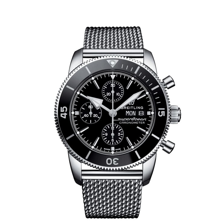 Breitling horloge met een kast in staal, met een wijzerplaat in het zwart en een diameter van 44