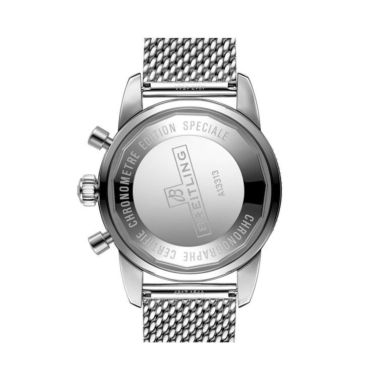 Breitling horloge met een kast in staal, met een wijzerplaat in het zwart en een diameter van 44