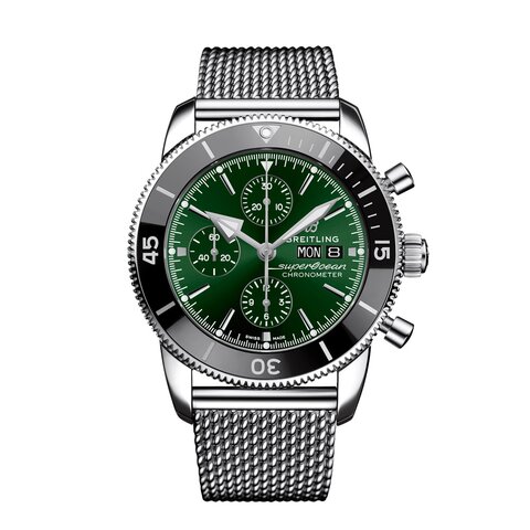 Breitling horloge met een kast in staal, met een wijzerplaat in het groen en een diameter van 44