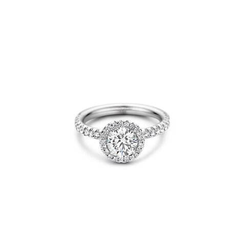 bague de fiançailles The Exclusive Collection en or blanc 18 ct avec brillant (diamant rond) de 1 carat comme pierre principale entouré de briljants de 0,40 karaat