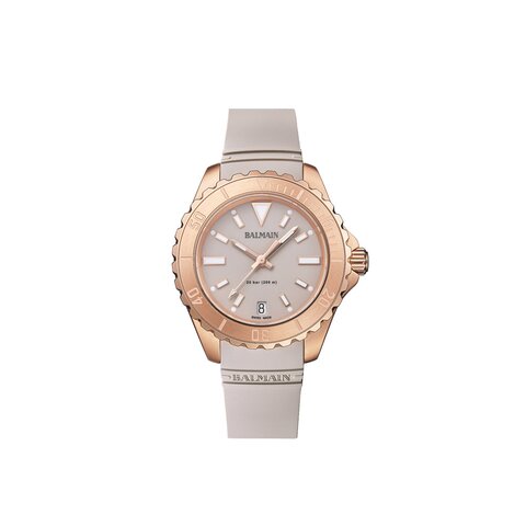 montre Balmain avec un boîtier en revêtement pvd rose, un cadran beige et un diamètre de 34
