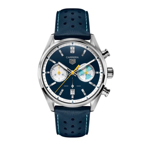 montre TAG Heuer avec un boîtier en acier, un cadran bleu et un diamètre de 42