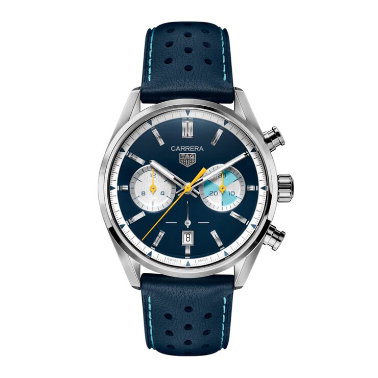 montre TAG Heuer avec un boîtier en acier, un cadran bleu et un diamètre de 42 mm