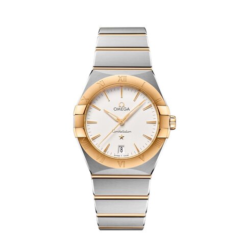 montre Omega avec un boîtier en or jaune sur acier, un cadran blanc et un diamètre de 36
