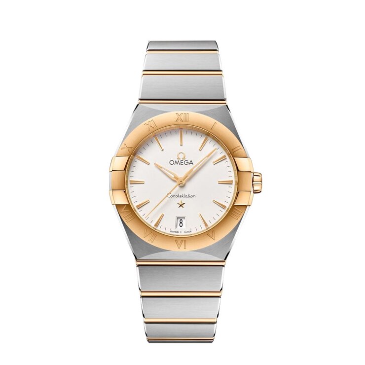 Omega horloge met een kast in geel goud op staal, met een wijzerplaat in het wit en een diameter van 36 mm