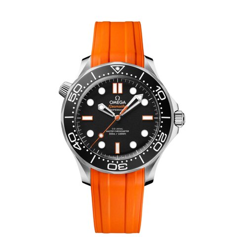 Omega horloge met een kast in staal, met een wijzerplaat in het zwart en een diameter van 42